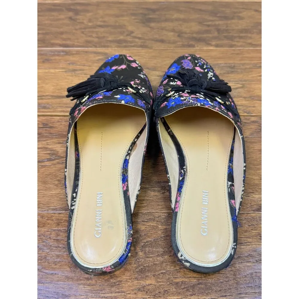 GIANNI BINI Brewsten Floral Brocade Fabric Tassel Mule Loafer, Black, Sz 10M